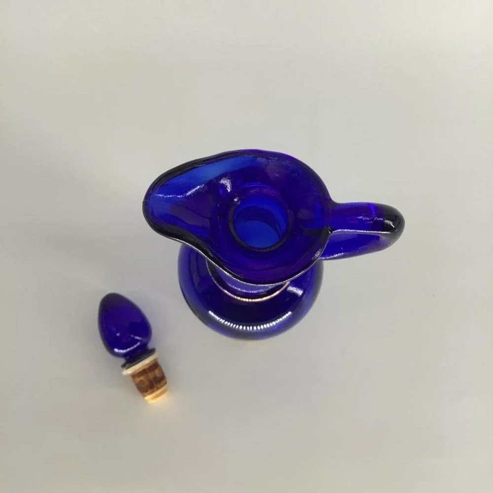 Vintage 1970s Avon Cobalt Blue Glass Decanter Cruet Gold Floral Design Stopper